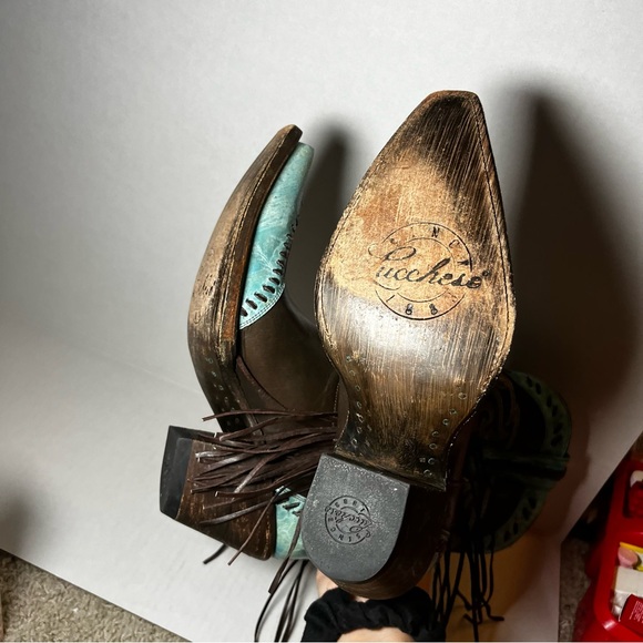 Lucchese Women’s Cowboy Boots 7 B Choc Calf Turquoise Crater Wingtip Fringe - Picture 4 of 6